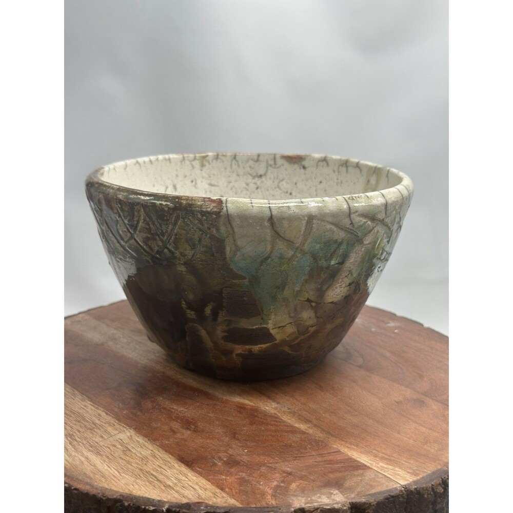 RAKU Fired Pottery Bowl Iridescent Crackle Drip Glaze Signed
